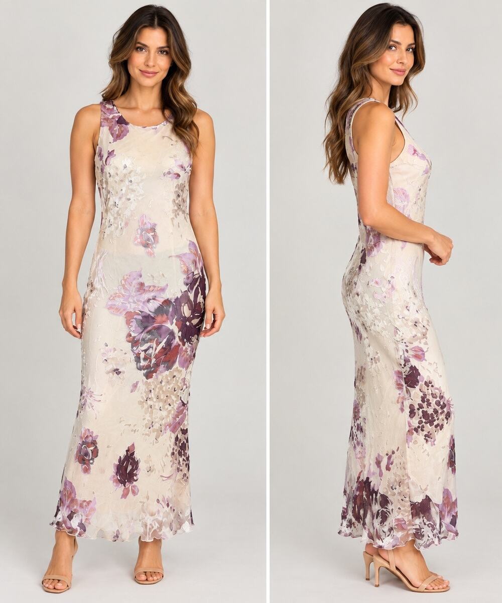 Vintage Jeffrey & Dara Womens Silk Blend Maxi Dress Floral Print Cream Purple